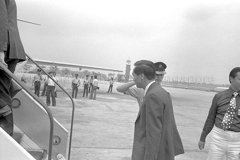 Member of Parliament for Bukit Merah and Secretary-General of National Trades Union Congress (NTUC) Lim Chee Onn, who is a member of Prime Minister Lee Kuan Yew's entourage to the Philippines, boarding flight SQ 66 for Manila at Singapore Paya Lebar Airport
