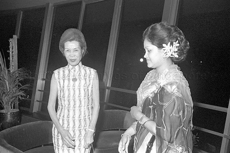 Queen Aishwarya, wife of King Birendra of Nepal, with Mrs Benjamin Henry Sheares, wife of President, during dinner in honour of the visiting royal couple at Mandarin Hotel