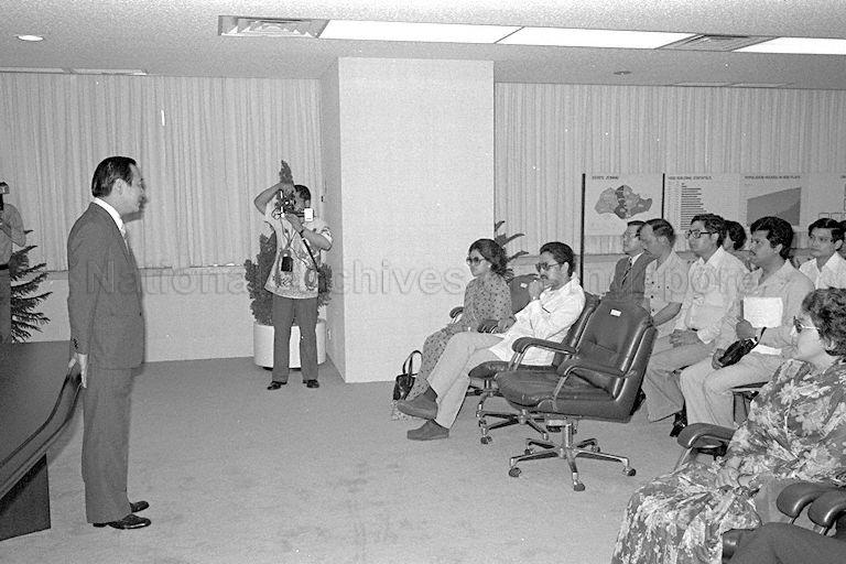 King Birendra of Nepal and his entourage, including Queen Aishwarya and his sister, Princess Sharada Shah attending a briefing by Chairman of Housing and Development Board, Michael Fam during their visit. &nbsp;The Nepalese entourage are on a five-nation tour of Sri Lanka, Singapore, Burma, Bangladesh and India.