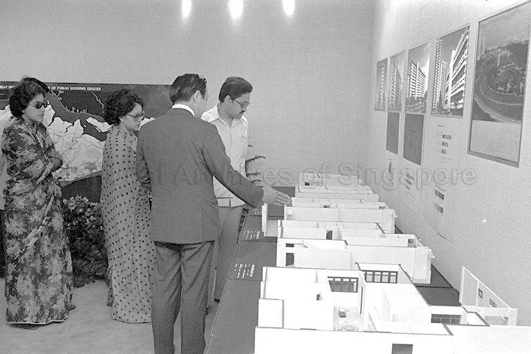 King Birendra of Nepal, Queen Aishwarya and his sister, Princess Sharada Shah are briefed by Chairman of Housing and Development Board (HDB) during their visit. &nbsp;The Nepalese entourage are on a five-nation tour of Sri Lanka, Singapore, Burma, Bangladesh and India.