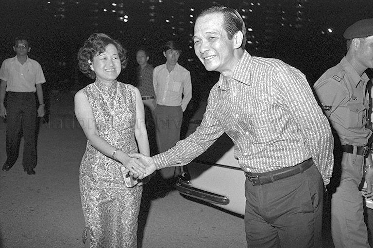 Chairman of Housing and Development Board (HDB) Michael Fam greeting wife of Minister for National Development, Mrs Teh Cheang Wan at the opening of the new HDB clubhouse at Lorong 6, Toa Payoh