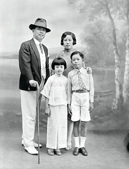 Family photograph of Seow Poh Leng, Mrs Polly Seow Poh Li (nee Tan), Rosie Seow (later Mrs Lim Kok Ann) and Eugene Seow Eu Jin. Mrs Polly Seow is the great granddaughter of Tan Tock Seng