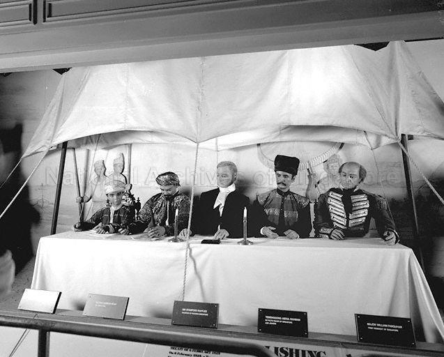 Wax figures at Images of Singapore, Sentosa, depicting signing of the treaty on 6 February 1819 between Lieutenant-General of Bencoolen Sir Stamford Raffles (middle), Sultan Hussein Shah of Johor (second from left) and local chieftain, Temenggong Abdul Rahman (second from right), allowing the British to establish a trading settlement in Singapore. Major William Farquhar (right) was soon appointed Resident and Commandant of Singapore by Sir Stamford Raffles.
