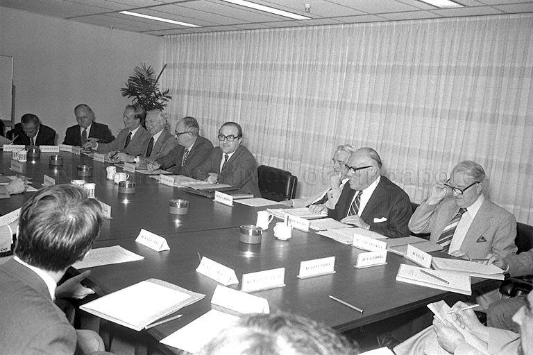 British delegation led by Secretary of State for Trade John Smith (fourth from right, facing camera) meeting Minister for Finance Hon Sui Sen (not in picture) and his officials during their visit at Central Provident Fund (CPF) Building in Robinson Road. Mr Smith is accompanied by Trade Under-secretary Rex Browning (Mr Smith's right) and a team of businessmen.