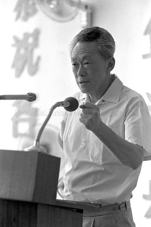 Prime Minister Lee Kuan Yew speaking at a Chinese New Year get-together of constituency leaders held by the citizen's consultative committee, its community centre management committee and Duxton Plain community centre management committee at Tanjong Pagar community centre.