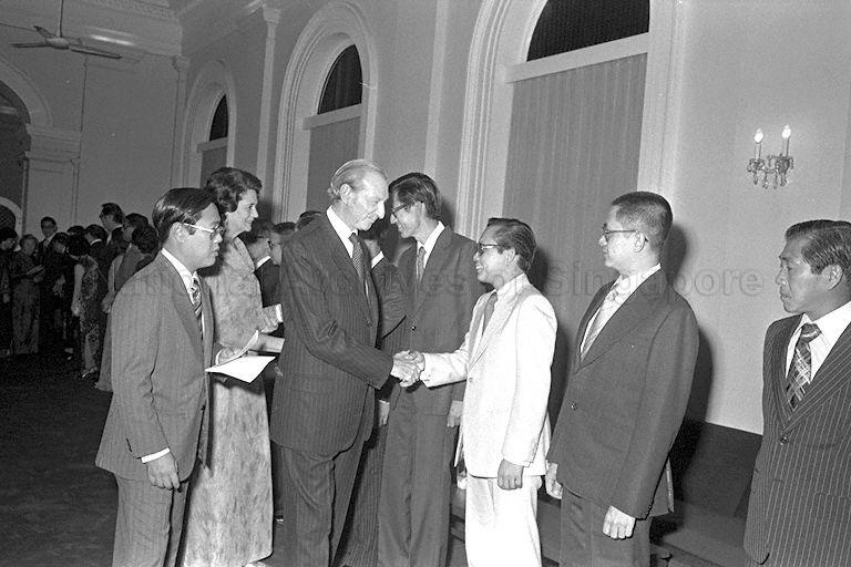 United Nations (UN) secretary-general Dr Kurt Waldheim, joined by his wife Elizabeth and Director of Protocol (Foreign Affairs) Tan Keng Jin, going through a receiving line before a state dinner in the Istana. Dr Kurt Waldheim who is accompanied by a six-member UN delegation is on the second last leg of a month-long Asian tour to appraise the political and economic developments in the region.