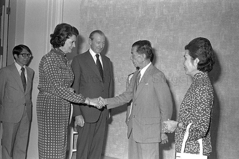 United Nations (UN) Secretary-General Dr Kurt Waldheim and Mrs Elizabeth Waldheim, who are in Singapore for a three-day official visit, calling on President and Mrs Benjamin Henry Sheares at Istana. On the left is Singaporeâ€™s Permanent Representative to the UN Professor Tommy Koh.