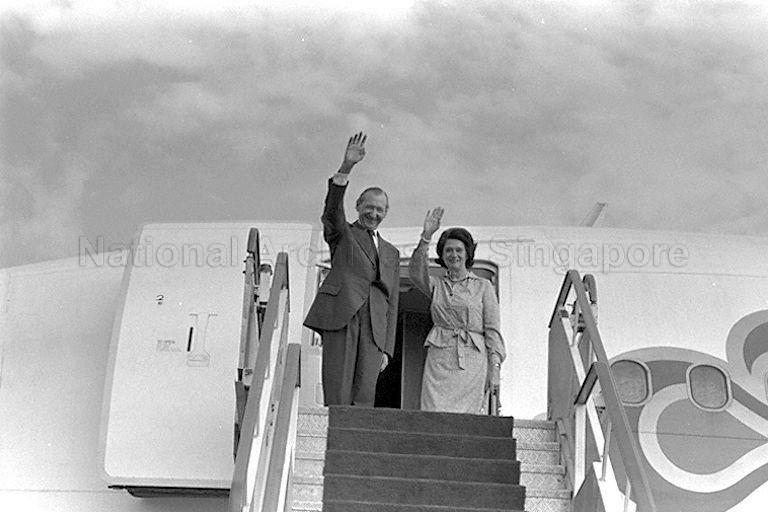 United Nations (UN) Secretary-General Dr Kurt Waldheim and his wife Elizabeth waving goodbye from the entrance of the plane at Paya Lebar airport after their three-day visit to Singapore