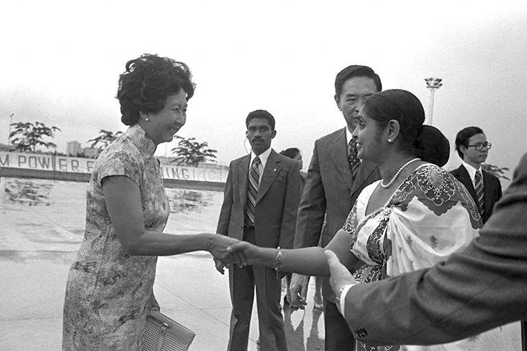 Wife of Prime Minister of Sri Lanka Madam Hema Premadasa being greeted by wife of Acting Vice-President and Speaker of Parliament Mrs Yeoh Ghim Seng upon arrival at Paya Lebar Airport