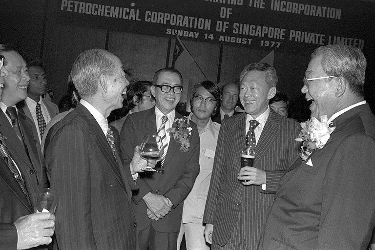 Prime Minister Lee Kuan Yew, Japanese Prime Minister Takeo Fukuda (second from left) and Minister for Finance Hon Sui Sen (middle) attending reception to commemorate the setting up of Petrochemical Corporation of Singapore (PCS), a 50-50 Singapore/Japan joint venture, at Shangri-La Hotel. The Japanese Prime Minister is on a two-day visit to Singapore.