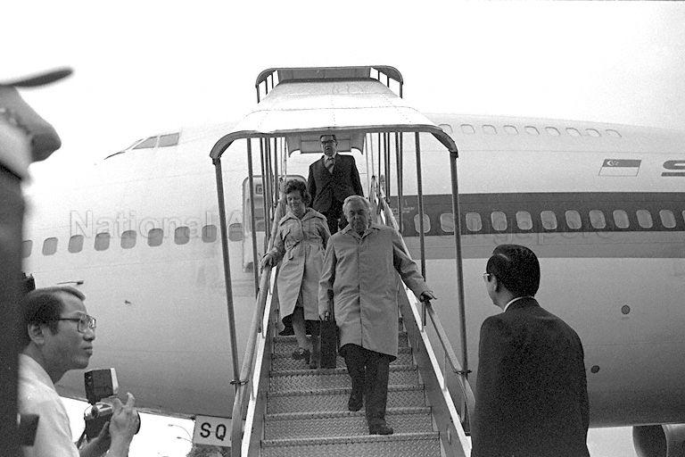 Former British Prime Minister (PM) Sir Harold Wilson and Lady Mary Wilson arriving at Paya Lebar airport for a five-day visit to Singapore at the invitation of PM Lee Kuan Yew