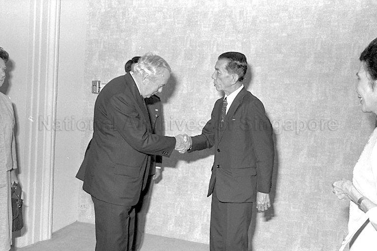 Former British Prime Minister (PM) Sir Harold Wilson paying a courtesy call on President Dr Benjamin Henry Sheares at the Istana. Sir Wilson and Lady Wilson are on a five-day visit to Singapore on the invitation of PM Lee Kuan Yew.