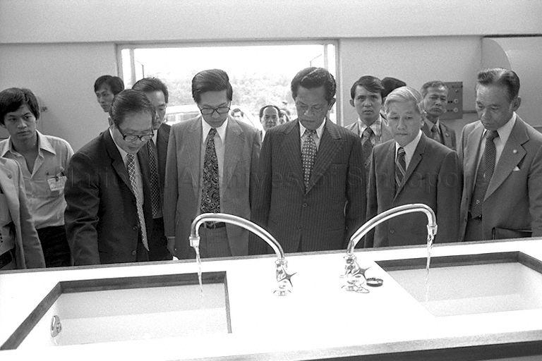 Thai Prime Minister (PM) Kriangsak Chomanan (front row, third from right) accompanied by Acting Minister for Culture and Senior Minister of State for Communications Ong Teng Cheong (on Thai PM's right) touring Public Utilities Board's Choa Chu Kang Treatment Works while on an official three-day visit to Singapore