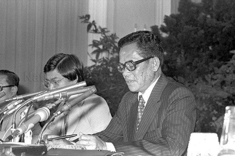 Close-up of Thai Prime Minister Kriangsak Chomanan speaking at press conference held at the Istana while on a three-day official visit to Singapore