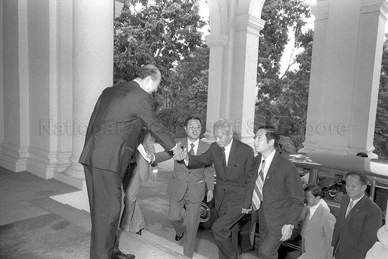 Vietnamese Prime Minister Pham Van Dong being welcomed upon arrival at the Istana to meet Prime Minister Lee Kuan Yew during his two-day official visit to Singapore