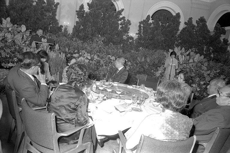 Senior Vice-Premier Teng Hsiao-Ping (Deng Xiaoping) speaking during dinner hosted by Prime Minister Lee Kuan Yew and Mrs Lee in honour of the visiting People's Republic of China Senior Vice-Premier and delegation at Istana. The Senior Vice-Premier is on a three-day visit to Singapore as part of a three-nation tour of South-East Asia that includes Thailand, Malaysia and Singapore.