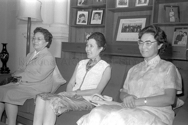 From left, Madam Cho Lin, wife of the People's Republic of China Senior Vice-Premier Teng Hsiao-Ping (left) (Deng Xiaoping), Mrs Benjamin Henry Sheares, wife of President Sheares and Madam Ho Li-Liang, wife of Chinese Foreign Minister Huang Hua during courtesy call of the Senior Vice-Premier on President Sheares at the Istana. The Senior Vice-Premier is on a three-day visit to Singapore as part of a three-nation tour of South-East Asia that includes Thailand, Malaysia and Singapore.