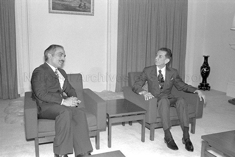 President Dr Benjamin Sheares (right) with King Hussein of Jordan during a courtesy call in the Istana