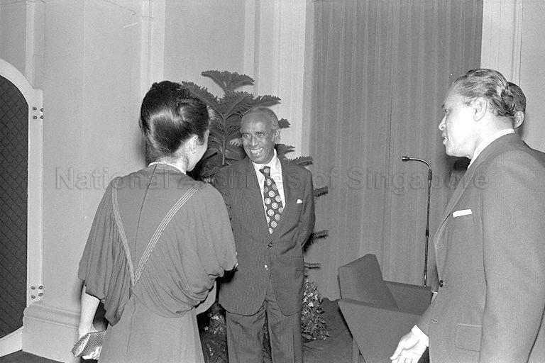 Minister for Social Affairs Othman Bin Wok looking on as Minister for Foreign Affairs S Rajaratnam greets Princess Basma, sister of King Hussein of Jordan, during a reception before start of the state banquet held in honour of King Hussein at the Istana