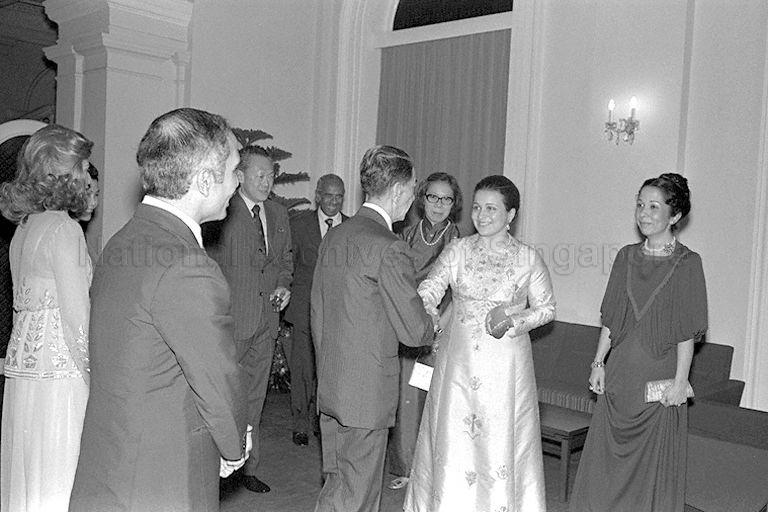 President Dr Benjamin Sheares greeting Princess Alia, daughter of King Hussein of Jordan during a reception prior to the state banquet in honour of the visiting King in the Istana