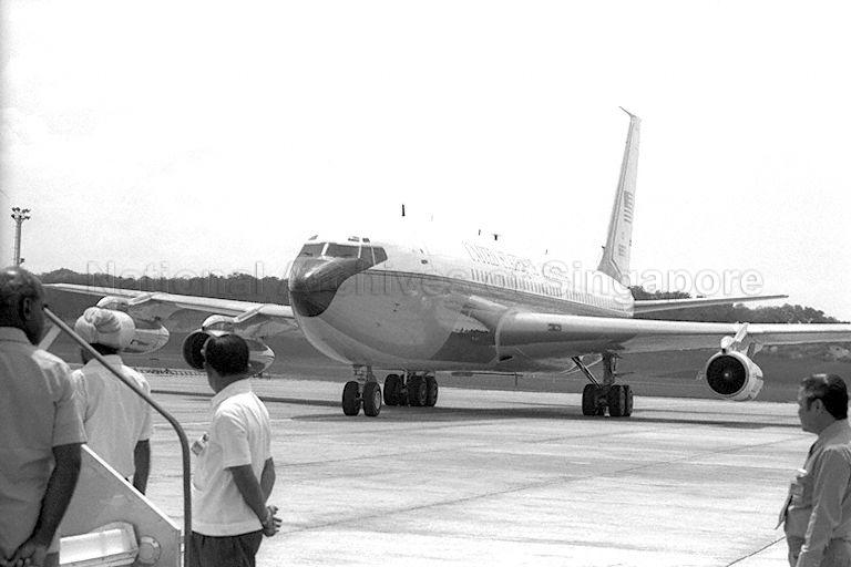 The United States (US) Air Force Two Boeing 707 jet, which US Vice President Nelson Rockefeller and his entourage are on board, landing at Singapore Paya Lebar Airport