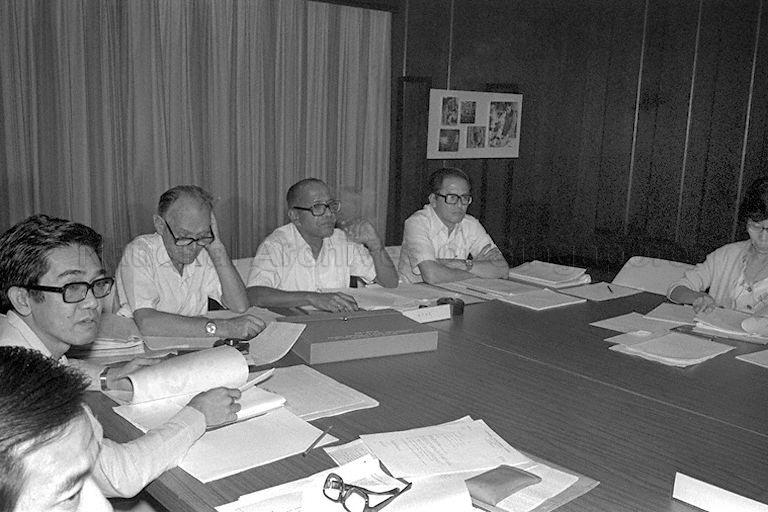 Clockwise from left, National Trades Union Congress (NTUC) Secretary General Devan Nair (third), and Pioneer Industries Employees Union (PIEU) and Singapore Industrial Labour Organisation (SILO) General Secretary Phey Yew Kok (fourth) at National Wage Council's (NWC) meeting.