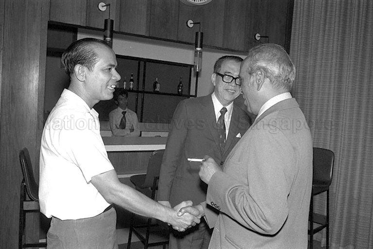 Member of Parliament for Henderson Lai Tha Chai (left) welcoming Minister for Foreign Affairs S Rajaratnam (right) and Minister for Finance Hon Sui Sen (centre) at Paya Lebar airport's VIP lounge on their return from a two-week Singapore goodwill mission to China led by Prime Minister Lee Kuan Yew.