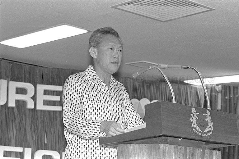 Prime Minister Lee Kuan Yew speaking at opening of Horticulture and Aquarium Fish Show held at National Stadium. The show was organised by Ministry of National Development in conjunction with Tree Planting Day.