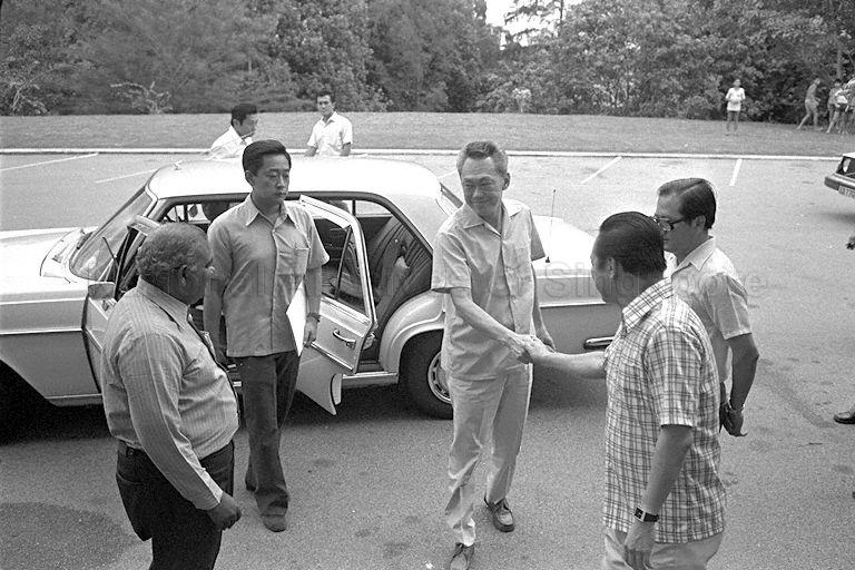 Prime Minister Lee Kuan Yew being welcomed upon arrival for opening of National Trades Union Congress (NTUC) Holiday Complex at Changi