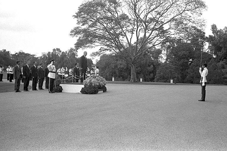 Ambassador-designate of the Peopleâ€™s Republic of Bulgaria Stoyan Vladimirov Zaimov at review ceremony of guard of honour at Istana during presentation of his credentials to President Dr Benjamin Henry Sheares