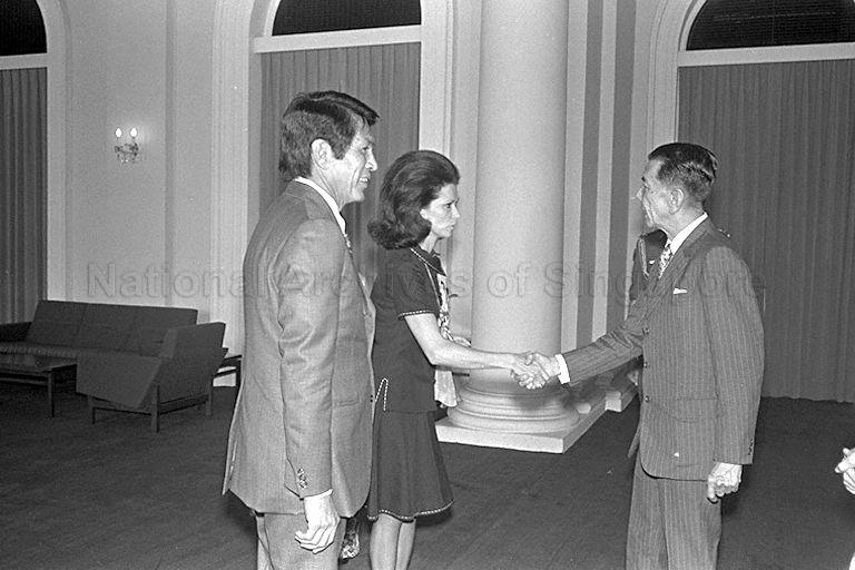 Mrs Christina Enrile greeting President Dr Benjamin Henry Sheares when she calls on him at Istana with her husband, Defence Secretary Juan Ponce Enrile of the Philippines