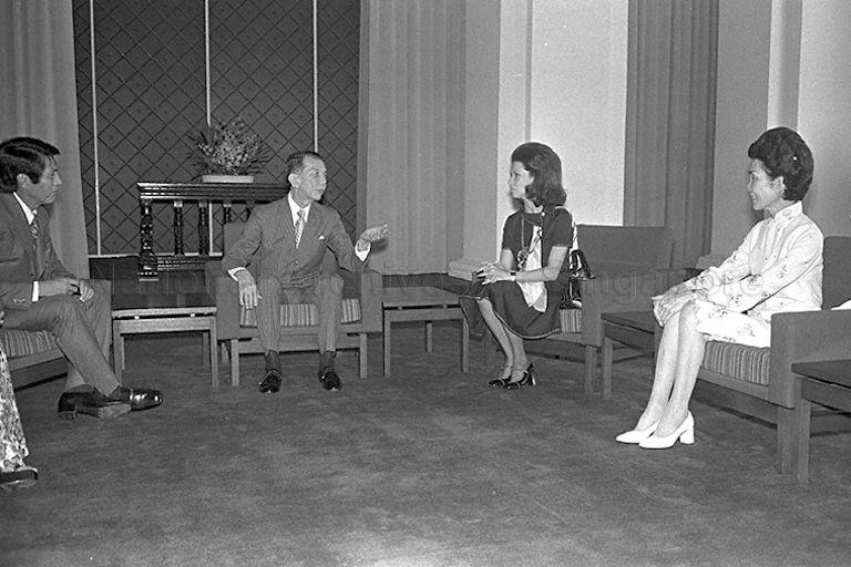 Defence Secretary Juan Ponce Enrile of the Philippines and wife, Mrs Christina Enrile, calling on President and Mrs Benjamin Henry Sheares at Istana