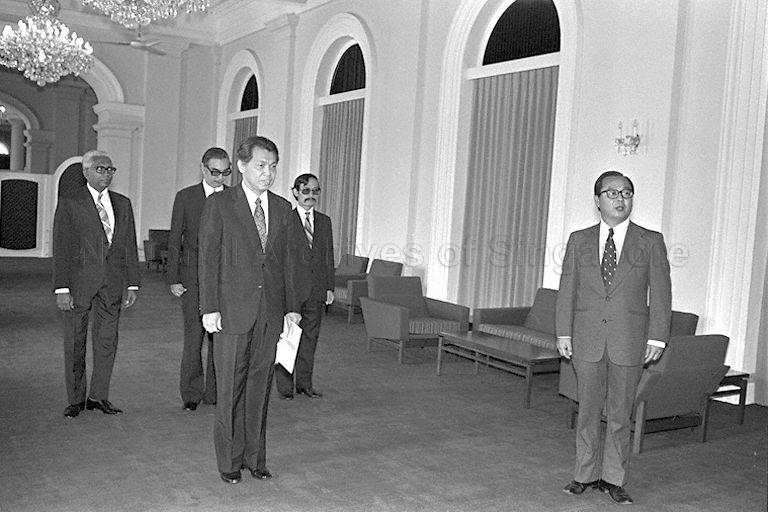 High Commissioner of Malaysia to Singapore Mohamed Yussof bin Zainal at Istana to present his credentials to President Dr Benjamin Henry Sheares. On the right is Ministry of Foreign Affairs' Chief of Protocol George Seow.