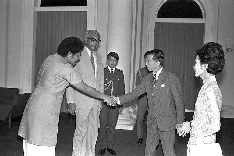Prime Minister of Fiji Ratu Sir Kamisese Mara and Lady Ro Lala Mara, who are on a two-day visit to Singapore, calling on President and Mrs Benjamin Henry Sheares at Istana