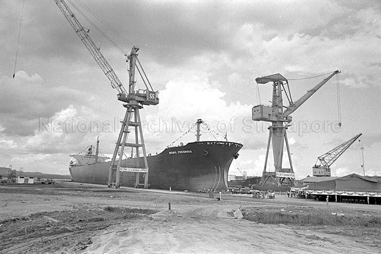 View of VLCC (very large crude carrier) at Sembawang Shipyard's new Premier Dock, a $50 million 400,000-ton dry dock, at its official opening by Prime Minister Lee Kuan Yew