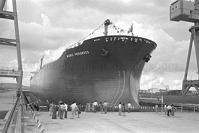View of VLCC (very large crude carrier) at Sembawang Shipyard's new $50 million 400,000-ton dry dock at its official opening by Prime Minister Lee Kuan Yew