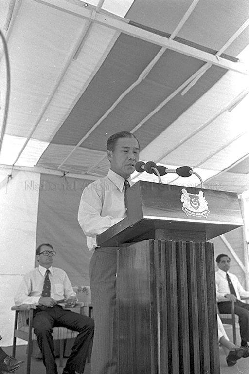 Permanent Secretary to Ministry of Defence and Chairman of Sembawang Shipyard Limited (SSL) Pang Tee Pow speaking at opening of SSL's new $50 million 400,000 ton-dry dock by Prime Minister Lee Kuan Yew