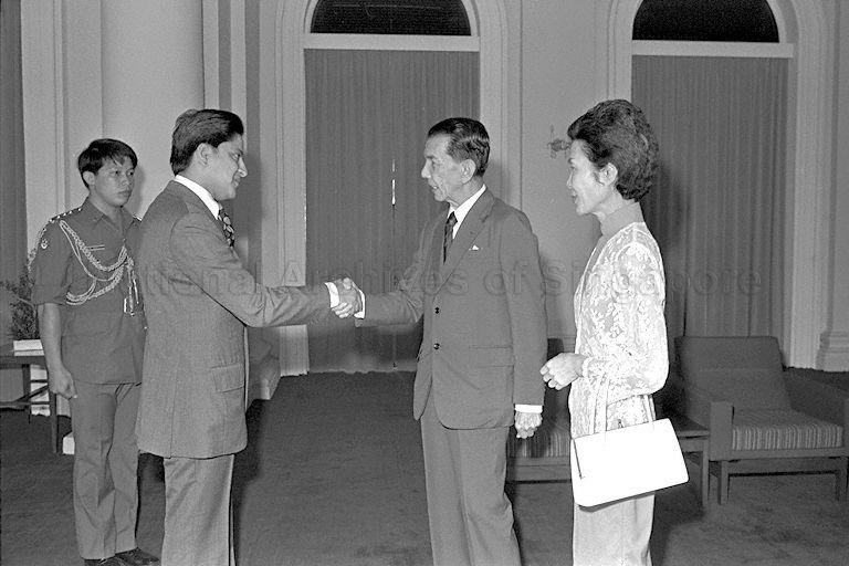 Prince Dhirendra of Nepal greeting President Dr Benjamin Sheares during a courtesy call in the Istana