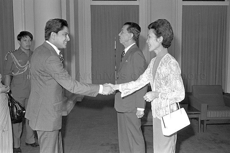 Prince Dhirendra of Nepal greeting First Lady Mrs Benjamin Sheares during a courtesy call in the Istana