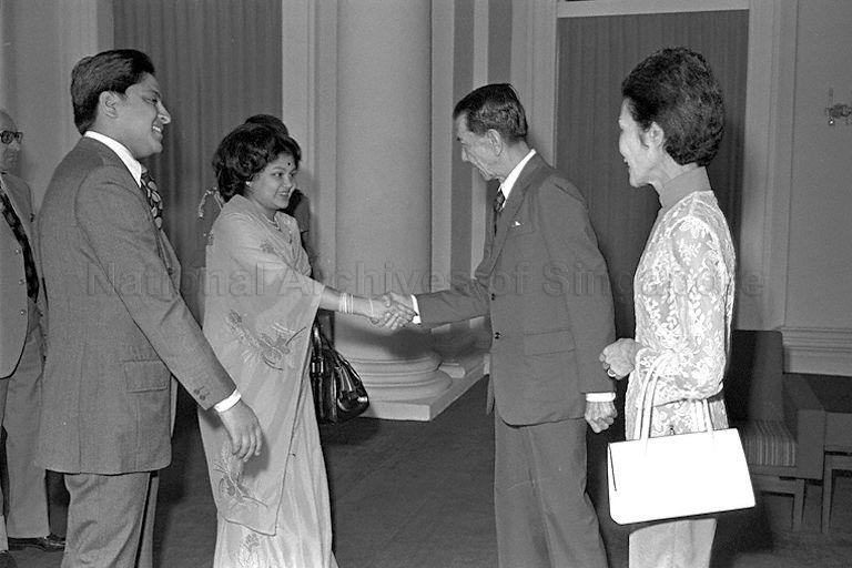 Princess Prekshya Rajalaxmi Devi, wife of Prince Dhirendra of Nepal, greeting President Dr Benjamin Sheares during a courtesy call in the Istana