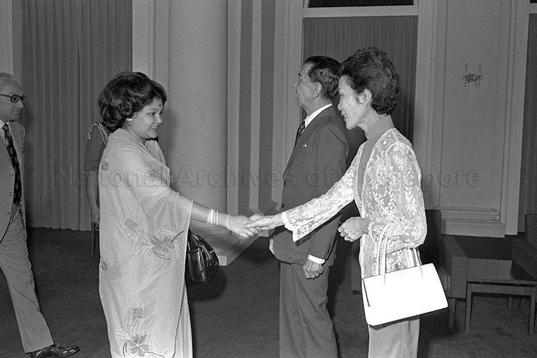 Princess Prekshya Rajalaxmi Devi, wife of Prince Dhirendra of Nepal, greeting First Lady Mrs Benjamin Sheares during a courtesy call in the Istana