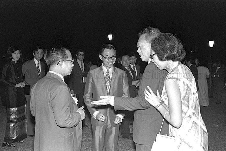 (From left) Health Minister Dr Toh Chin Chye, and Member of Parliament for Chua Chu Kang and Deputy Speaker Tang See Chim talking with Prime Minister Lee Kuan Yew and Mrs Lee during National Day reception at Istana