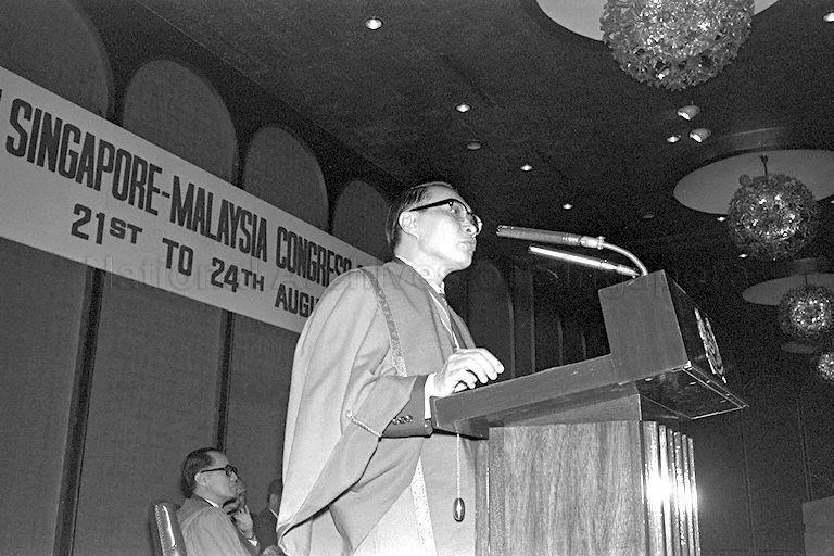 Master of the Academy of Medicine (Singapore) Dr Chew Chin Hin speaking at opening of the 10th Singapore-Malaysia Congress of Medicine at Shangri-La Hotel, where Prime Minister Lee Kuan Yew was conferred Honorary Membership of the Academy -- Academician Honoris Causa