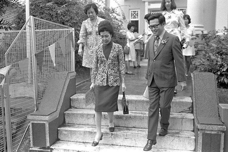 First Lady Mrs Benjamin Henry Sheares (foreground, left) arriving for the 15th annual sports meet of Spastic Children's Association at Field House, 25 Gilstead Road.
