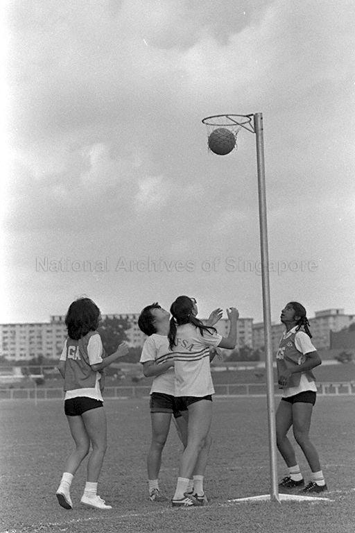 Netball exhibition match at opening of Pesta Sukan 1975 Women's Sports Carnival at Toa Payoh Athletic Centre