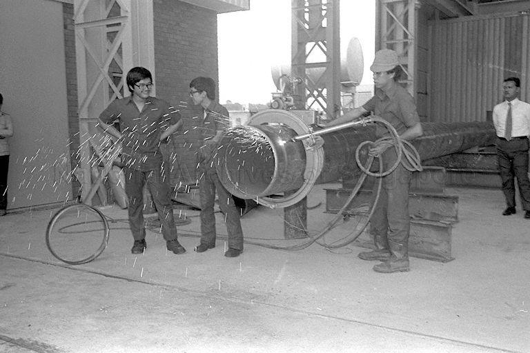 Staff working at Cameron Iron Works Pte Ltd (Singapore), a factory which manufactures oilfield equipment in Jurong.