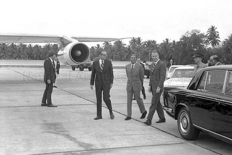 Foreground from left, United States (US) Ambassador Edwin Cronk (first) and Minister of State for Foreign Affairs Abdul Rahim Bin Ishak (second) sending off US Vice-President Spiro Agnew (third), at Paya Lebar airport. Mr Agnew was in Singapore for a two-day visit as part of his seven-nation tour to explain future American relations with South-east Asia following the Vietnam ceasefire.