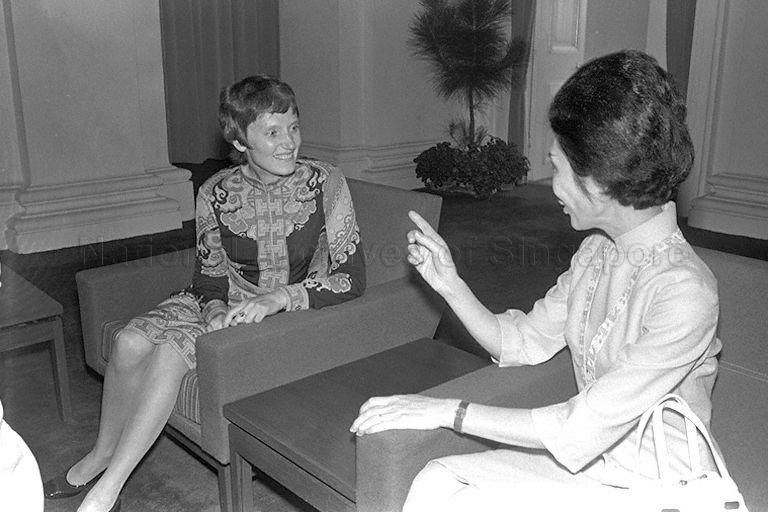 Mrs Benjamin Henry Sheares with Dr Sonja Schulz, who is paying a courtesy call on President Sheares at Istana with her husband, Lord Mayor of Hamburg Peter Schulz