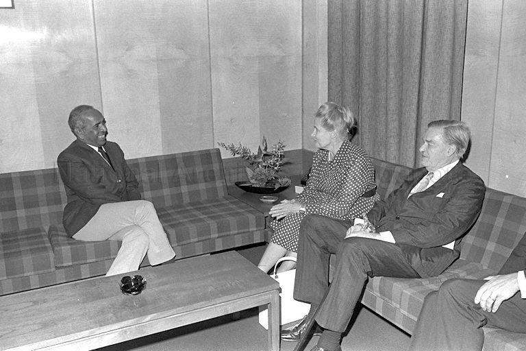 Swedish political economist Professor Gunnar Myrdal and wife Swedish Minister for Disarmament Mrs Alva Myrdal with Minister for Foreign Affairs S Rajaratnam (left) at City Hall while on a four-day visit to Singapore.