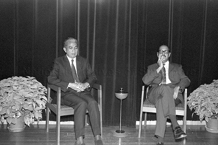 Minister for Foreign Affairs Abdul Rahim Ishak (left) seated on stage with Association of Southeast Asian Nations (ASEAN) Secretary-General for Singapore and Permanent Secretary to Ministry of Foreign Affairs George Edwin Bogaars (right) during the presentation of ASEAN training certificates at Penthouse Negara